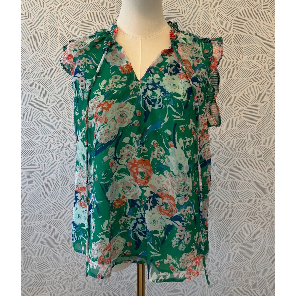 Deluc Green Floral Pleated Ruffle Collar Blouse Romantic, Floral, Flirty M
